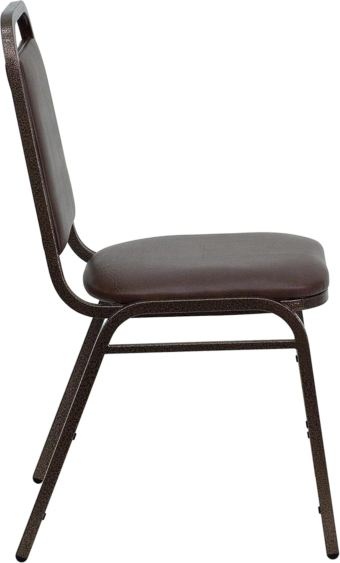 EMMA + OLIVER Trapezoidal Back Vinyl Stackable Banquet Chair, Multipurpose Stacking Chair with Padded Seat and Back, Brown/Copper