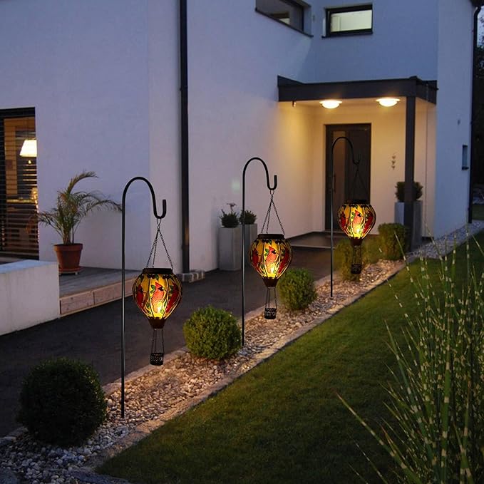 pearlstar Hot Air Balloon Solar Lantern with Flickering Flame Light Outdoor Solar Hanging Lights Waterproof for Garden Yard Farmhouse Patio Pathway Christmas Decoration,Glass(Cardinal)