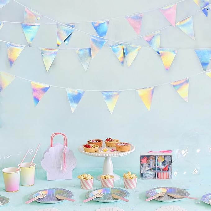 33Ft Iridescent Party Decoration Holographic Fabric Triangle Pennant Banner Flag Cotton Bunting Garland for Birthday Wedding Bridal Shower Bachelorette Engagement Disco Euphoria Galaxy Party Supplies