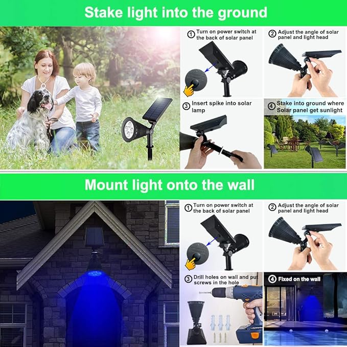 Solar Spotlights Outdoor Waterproof Adjustable Solar Garden Landscape Spot Light, 4 LEDs 2-in-1 Auto On/Off Solar Inground Lights for Patio Yard Garden Driveway Pathway (2 Pack, Blue)
