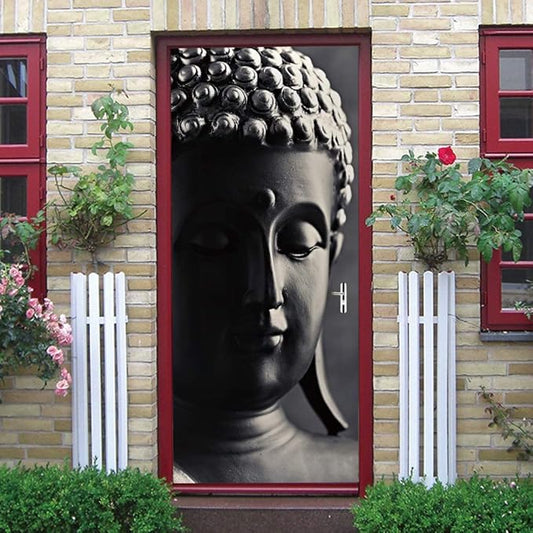 3D Door Stickers - Buddha Statue - Peel & Stick - Waterproof & Washable - Matt Finish - Oriental Style - Black - 37.4" x 84.6" - 2 Pieces