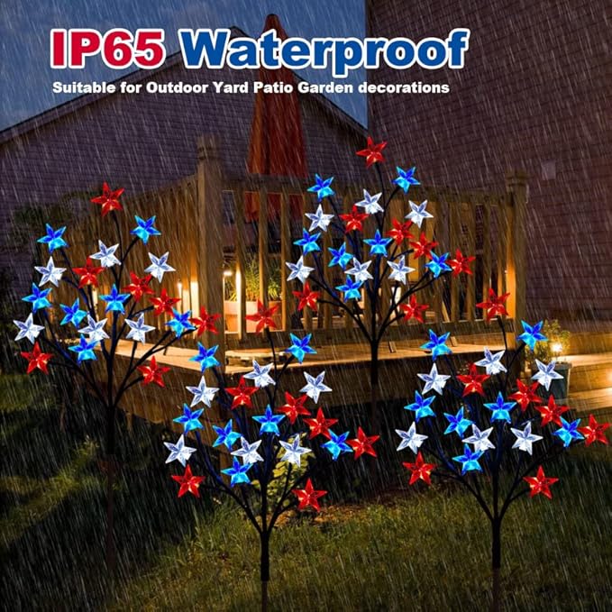Solar 4th of July Decorations Outdoor Lights, 4-in-1 8 Modes Red White and Blue Star Stake Lights, Waterproof Solar Patriotic Decorations Outdoor for Fouth of July Memorial Day Yard Pathway Grave