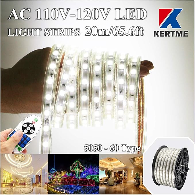 5050-60 Type AC 110-120V White LED Strip Lights, Flexible/Waterproof/Dimmable/Multi-Modes LED Rope Light + 23 Keys Remote for Home/Garden/Building Decoration (65.6ft/20m, White 6000K)