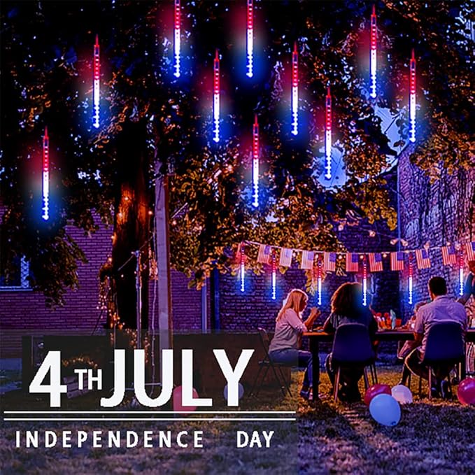 Aokudoni 4th of July Decorations Outdoor, 16 Inch Red White and Blue Meteor Shower Lights for Independence/National/Memorial Day, LED Christmas Lights Outdoor for Yard Garden Tree Holiday Party