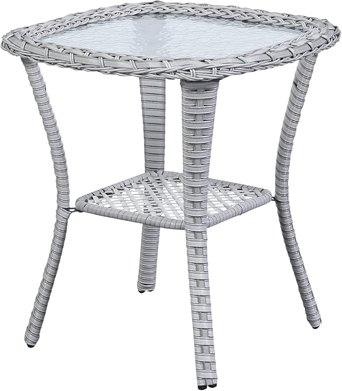 Patio Tables Wicker Side Table - Rattan Coffee Table with Glass Top End Tables for Outdoor Outside Patio Porch Square Light Grey