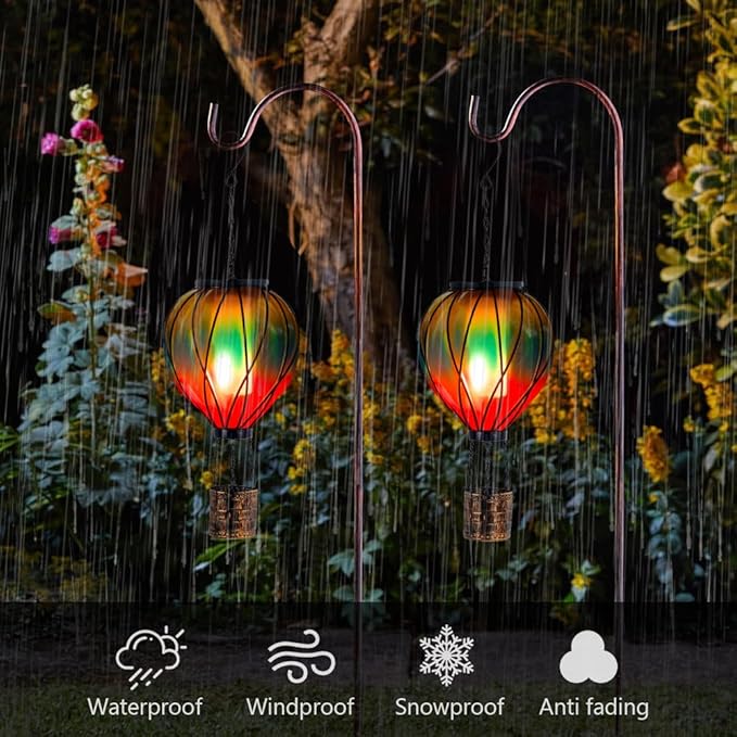 Gradient Color Solar Hot Air Balloon Outdoor Lantern with Flickering Flame Hanging Outdoor Lantern Waterproof Decorative Lantern Lamp for Patio, Garden, Porch