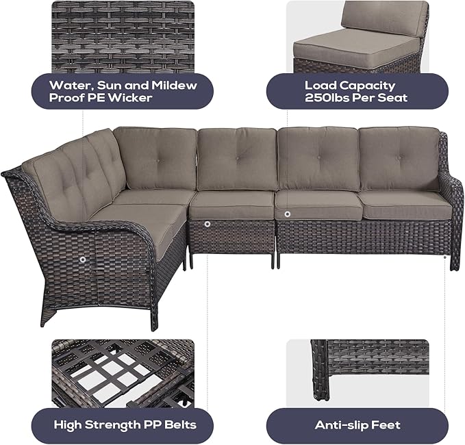 Outdoor Furniture Sectional Sofa L Shaped Couch - Patio Wicker Set with Coffee Table, 3 Piece Rattan Patio Conversation Sets with Gray Cushion for Deck Backyard Sunroom