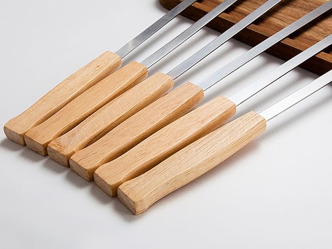 17-Inch Long Flat BBQ Skewers, HONSHEN Brazilian-style Stainless Steel 3/8 Inch Wide Blade with hardwood Handle barbecue skewers for Grilling Meat,Chicken,Shrimp,Vegetables-Set of 12
