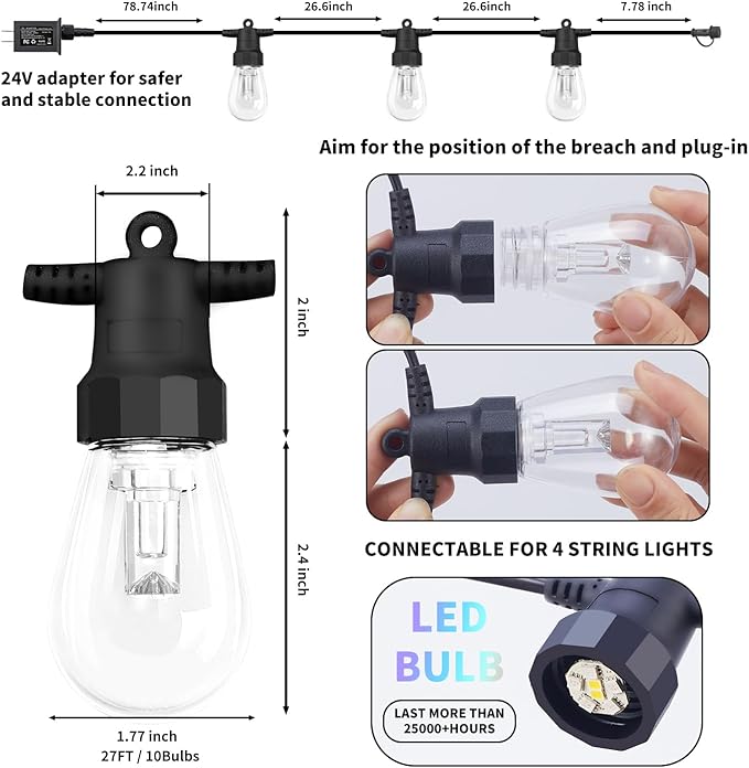 Outdoor String Lights 27FT, Outdoor Lights for Patio with 10 Dimmable RGBW LED Bulbs, IP66 Waterproof Shatterproof, with APP Control & Remote, 24V Adapter Color Change,for Backyard Decor