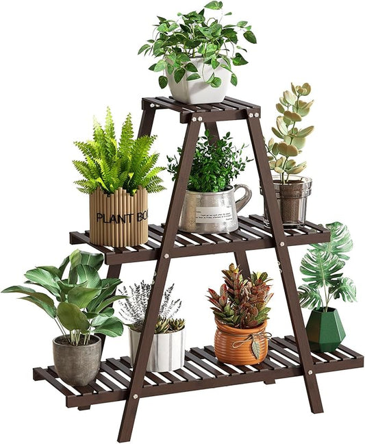 Plant Stand Indoor Plant Shelf Outdoor bamboo Plant Rack, 3 Tiers Ladder Plant Holder Flower Stand for Living Room Balcony Garden Patio,Living Room Boho Home Decor for Gardening Gifts (Brown)