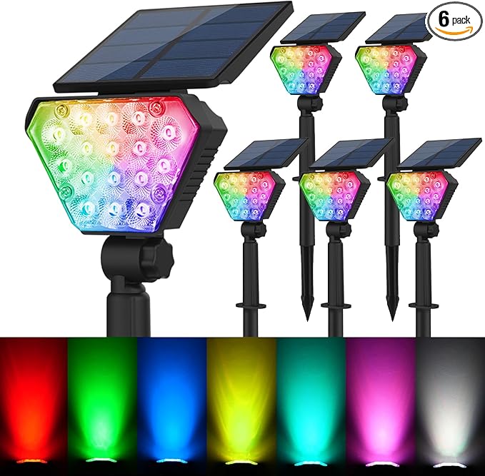 T-SUN Solar Spotlights Outdoor 6Pack Solar Landscape Spot Lights Color Changing IP65 Waterproof Auto On/Off for Garden Yard Lawn Pathway