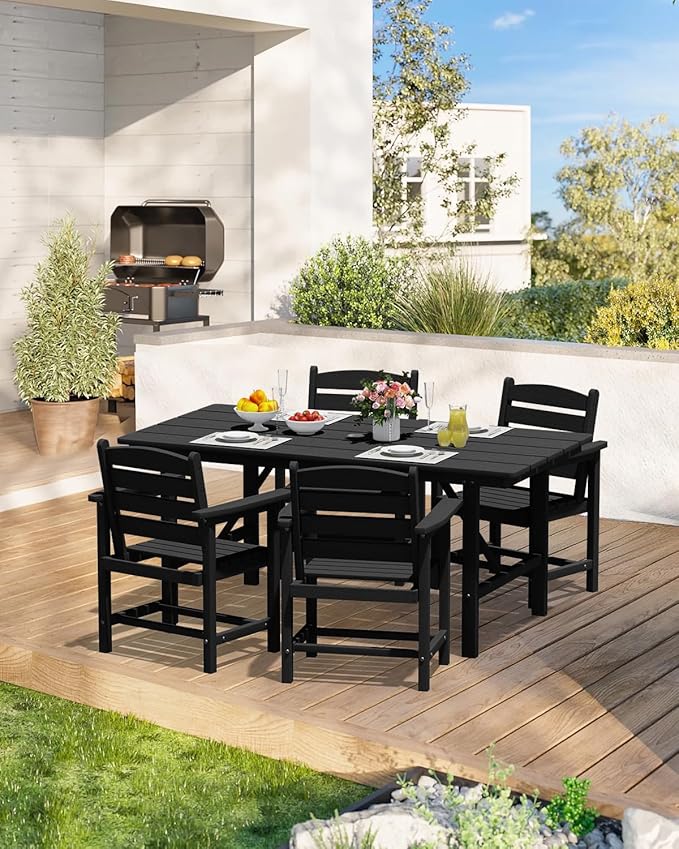 Patio Dining Set for 4 with Umbrella Hole - 66" Outdoor Table & 4 Chairs, All-Weather HDPE Outdoor Furniture for Lawn, Garden, Backyard, Poolside, Black
