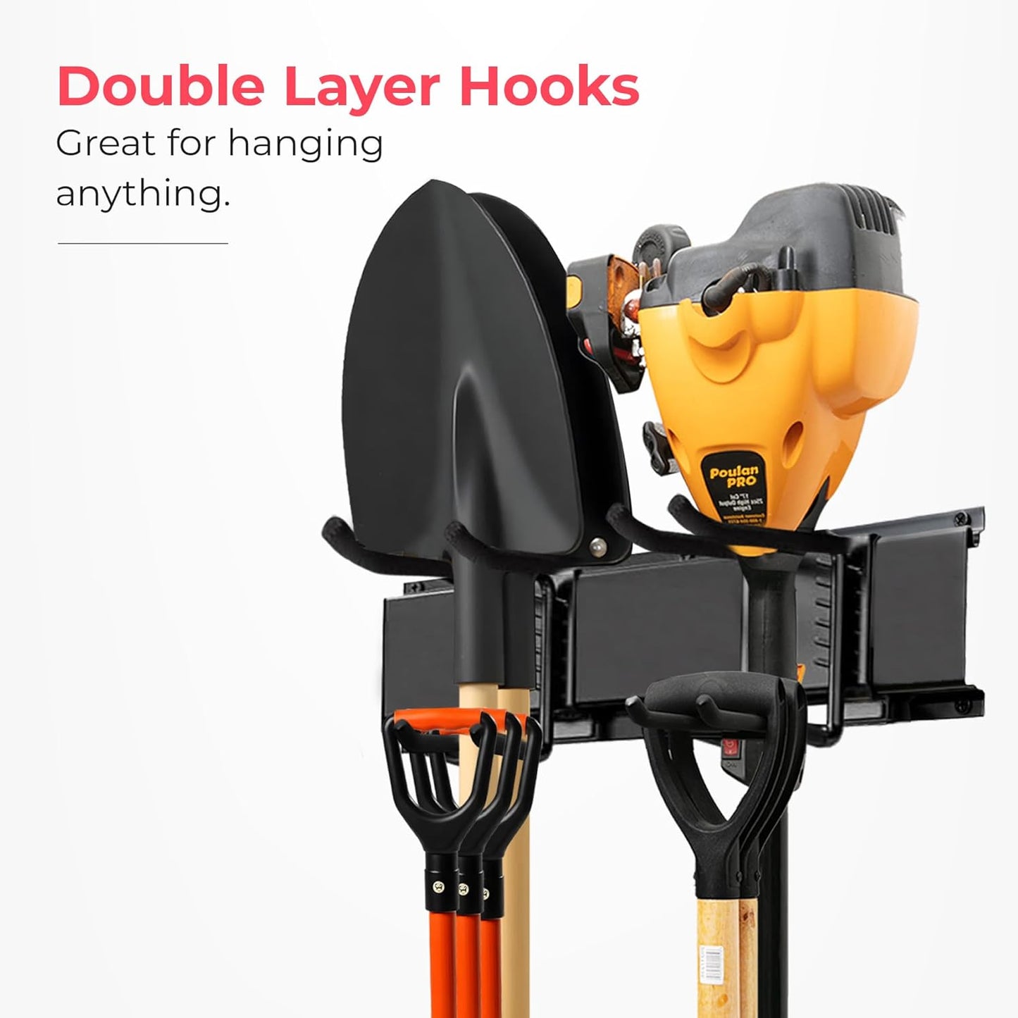 Garage Wall Organizer | 80" Heavy-Duty Tool Storage Rack | Adjustable Double-Layer Hooks | 500 lbs Capacity | Carbon Steel Wall Mount Holder for Shovels, Rakes, Ladders & Power Tools