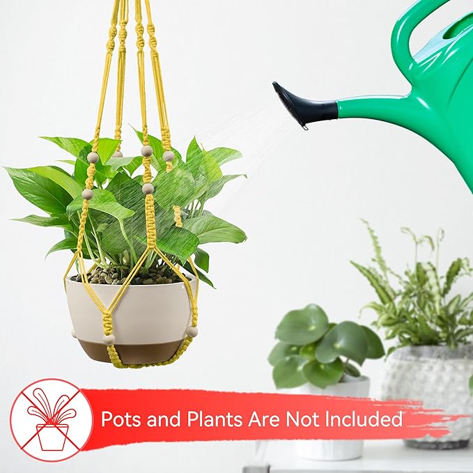 USLAI Macrame Plant Hanger Indoor Outdoor, Up to 4-15 inch Pot, Heavy 20lb Planters, Extra Long Strong Hanging Planter Basket Holder, Boho Home Decor, 35+72 Inch, Yellow (POTS NOT Included)
