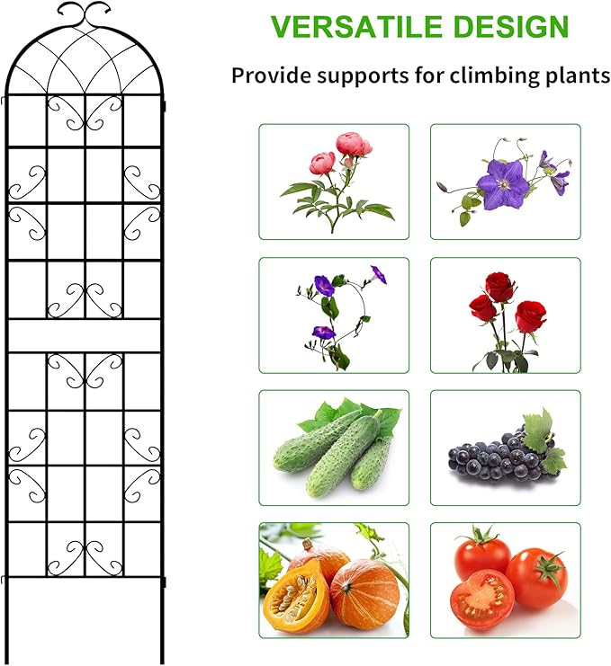 LZRS 4 Pack 87x20in Rustic Iron Arch Decoration Garden Trellis with Black Metal Coating – Perfect for Supporting Climbing Plants Outdoor, Roses, Vines, Flowers, and Vegetables.