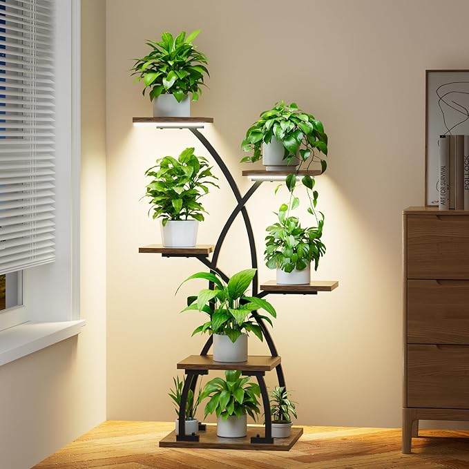 JUSTOGO Plant Stand Indoor with Grow Lights - 6 Tiered Plant Shelf Indoor, 36“ Corner Shelves for Plants Multiple, Metal Curved Flower Holder Display Rack for Patio, Balcony, Home Decor