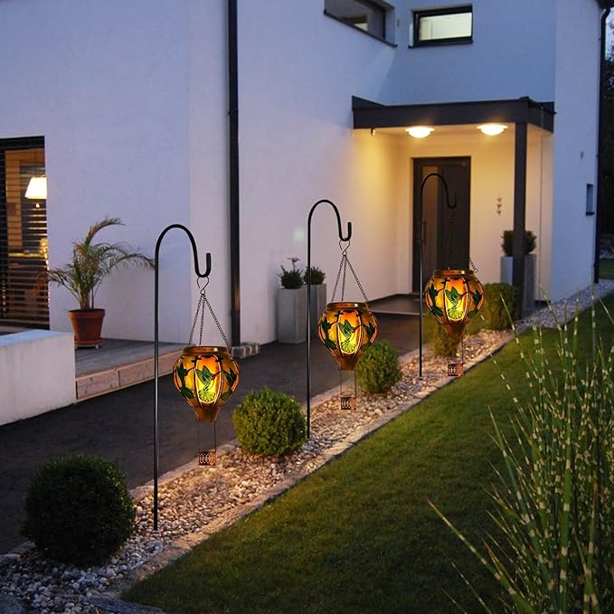 pearlstar Hot Air Balloon Solar Lantern with Flickering Flame Light Outdoor Solar Hanging Lights Waterproof for Garden Yard Farmhouse Patio Pathway Outside Decoration,Glass(Hummingbird)