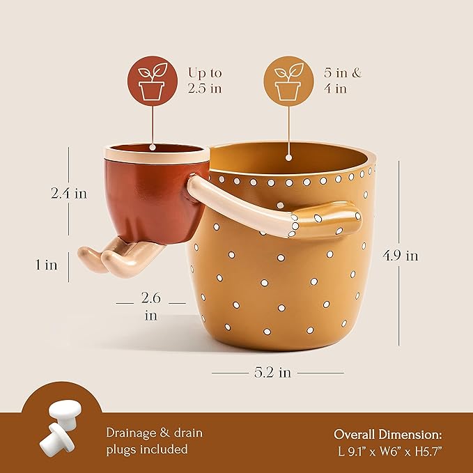 VIRTUNE Adorable Plant Pots. 5" Flower Pot & 2" Small Pot with Drainage. Gifts for Plant Lovers, Indoor Planters, Small Plant Pots, Cute Pots (Mustard)