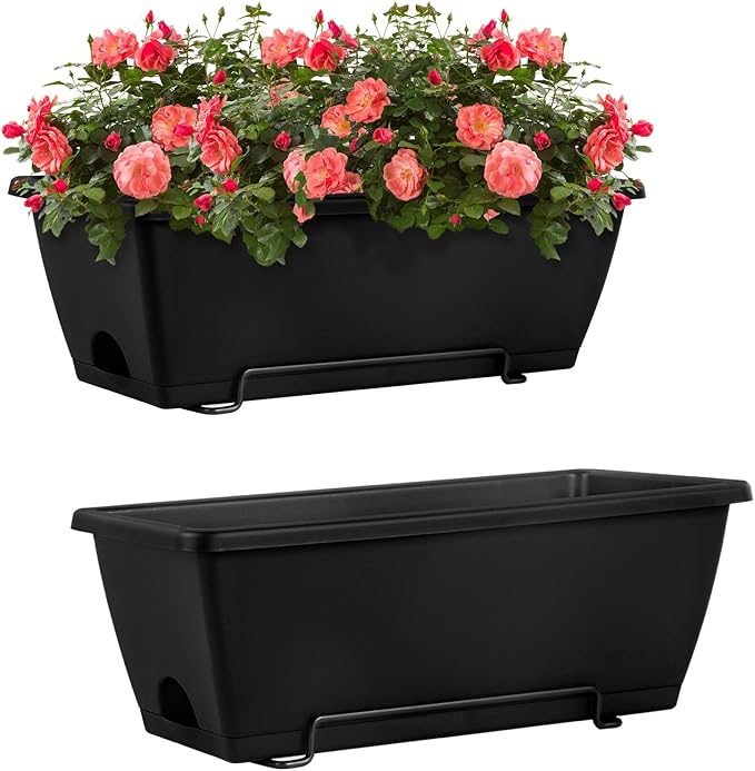 HAITRAL Hanging Planters for Outdoor Plants,Deck Railing Planter Boxes Countryside Style Window Boxes Planters, Balcony Flower Pots Plastic Railing Planter with Metal Brackets for Fence,Black 2 Pcs