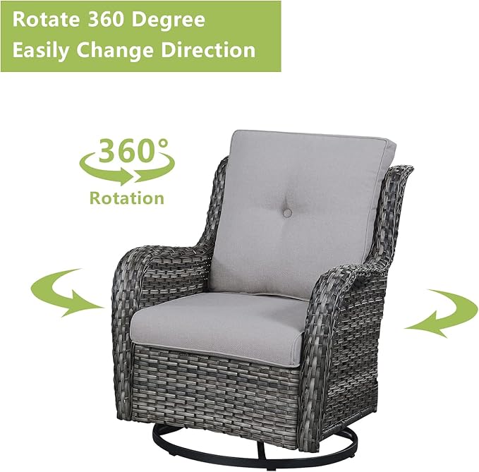Outdoor Wicker Patio Furniture Set - 6 Piece Rattan Patio Conversation Set with 2 Rocking Swivel Chairs,2 Ottomans,1 Loveseat and 1 Side Table for Porch Deck Backyard Garden(Mixed Grey/Grey)