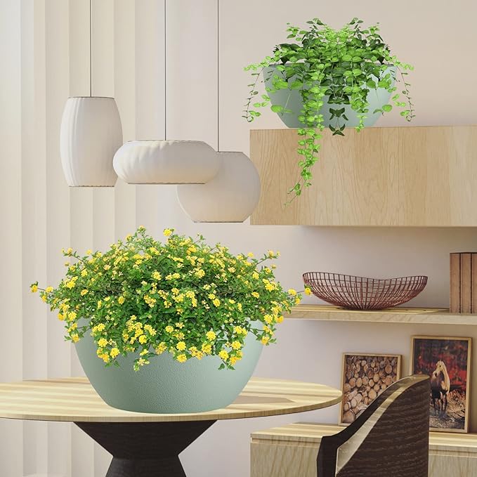 13 inch Large Hanging Planters Plant Pots for Outdoor Indoor Plants with Drainage Holes and Chain, 2 Pack Round Hanging Flower Pots for Garden Home Porch Decor, Green