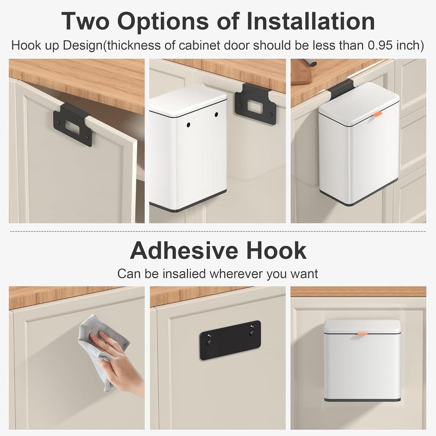 Mbillion Kitchen Compost Bin Hanging Trash Can with Lid 1.05 Gallon Stainless Steel Garbage Can for Kitchen Cabinet Door Mounted Trash Can Under Sink Door RV Bathroom,White