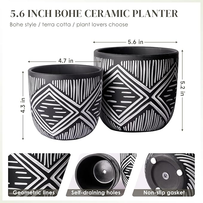 6 Inch Boho Planter Pots with Drainage Holes, 2 Pcs Terracotta Pots, Ceramic Plant Pots for Indoor Plants, Ferns, Vines, Succulents, and Outdoor Plants Growing, Gift for Plant Lovers（Black）