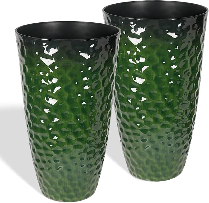 Worth Garden 14" Dia x 24" H Large Plastic Planters with Drainage Hole, Set of 2 Hammered Texture Green Glossy Smooth Finish, Tall Round Decorative Flower Plant Pot for Indoor Outdoor, Front Porch