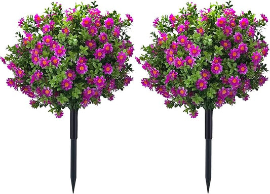 23.6" Artificial Boxwood Topiary Ball Trees with Purple Flowers, Set of 2 UV Resistant No Fade Outdoor Faux Plants with Ground Spike, Fake Shrubs for Garden, Patio, Porch, Yard, Indoor Decor