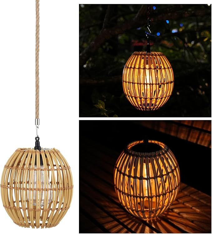 Hanging Solar Lantern Outdoor Waterproof, IP44 Boho Rattan Solar Hanging Light, Large Solar Lantern for Porch Yard Pathway Garden Decor(Bulb Included)