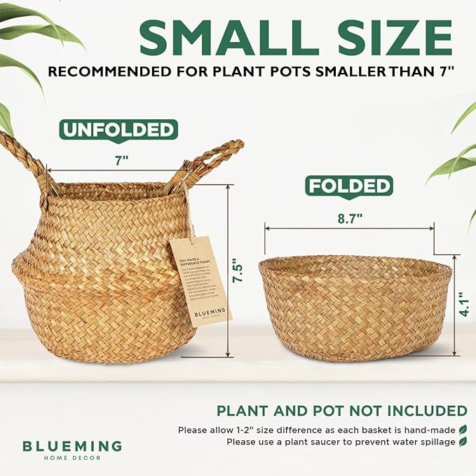 Basket Planter – Seagrass Plant Pot for Artificial Olive Tree, Decorative 6-7 Inch Indoor Wicker Pot with Handles (Original, Small)