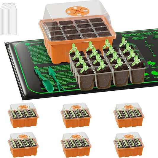 GooingTop Seedling Trays + Heat Mat 10''x20.7'', 6 Pack 72 Cells Plant Grow Starter with Adjustable Humidity Vent for Mini Greenhouse Garden Germination,Bonsai Seed Starting Growing