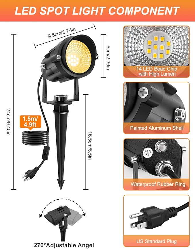 Dusk to Dawn Outdoor LED Spotlight, Outdoor Landscape Lighting with Photocell Sensor, 3000K Warm White Waterproof Spot Lights for Yard Flag Pole House Garden Tree(2 Pack)