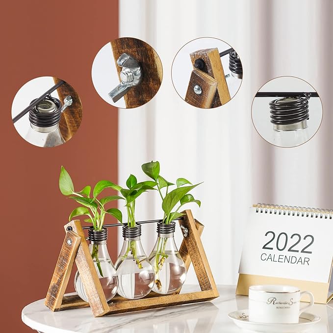Marbrasse Plant Propagation Stations with Wooden Stand, Desktop Plant Terrarium Holder Bulb Vase, Glass Vase Container with Metal Swivel Holder for Hydroponics of Home Garden Office Decor Lover Gifts