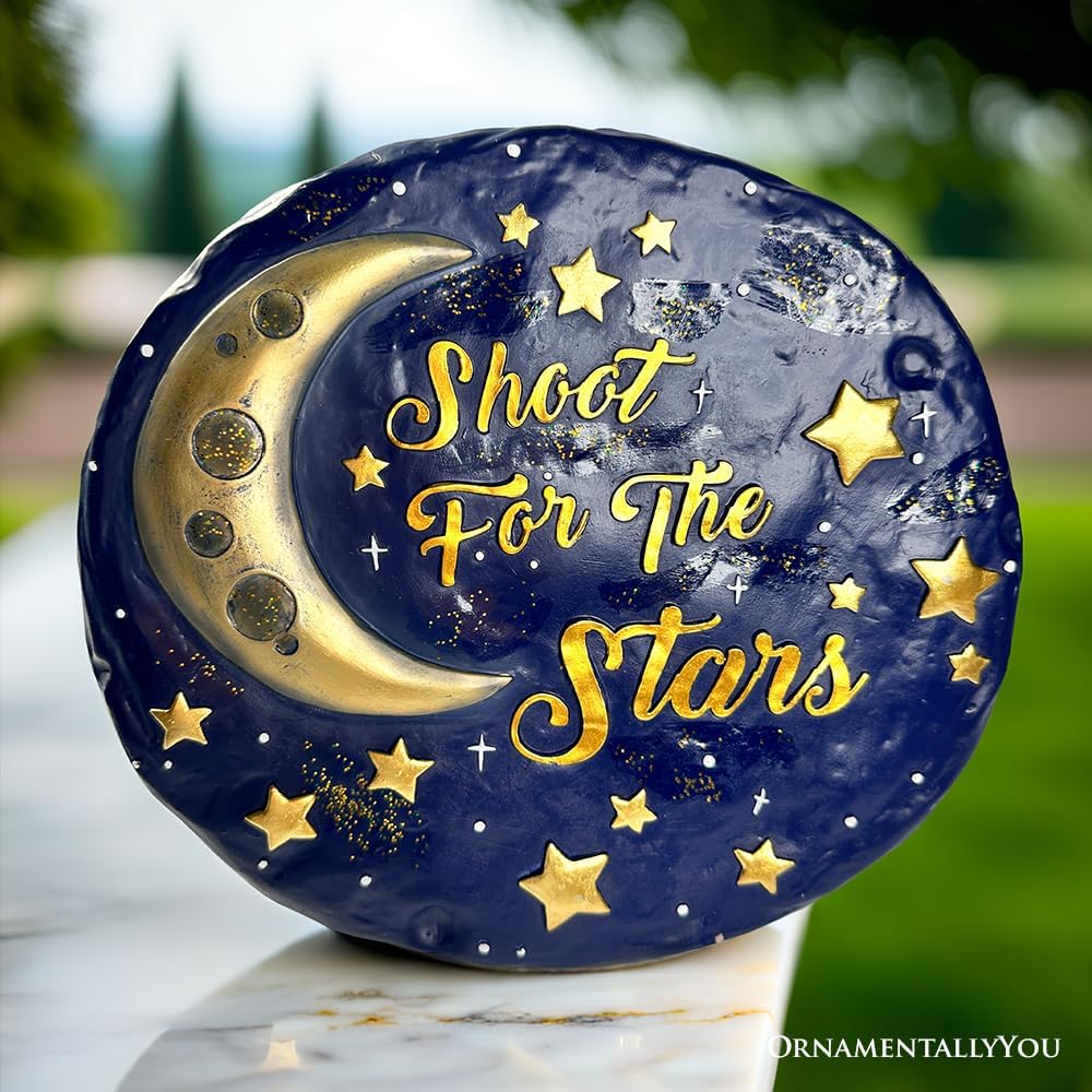 Elegant Resin Stepping Stone, Outdoor Garden Pathway Decoration (Shoot for The Stars Stepping Stone, 9.5" Galactic Moon and Stars Space Themed Gift)