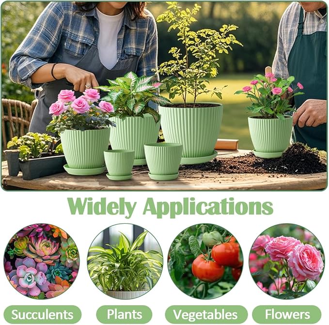 Plant Pots with Drainage Holes and Tray Saucer - 7.5/6.5/5.5/4.9/4.2/3.5 Inches Flower Pots - 6 Pack Thick and Sturdy Planters for Indoor Plants Such As Orchid, Succulent and Herbs, Green