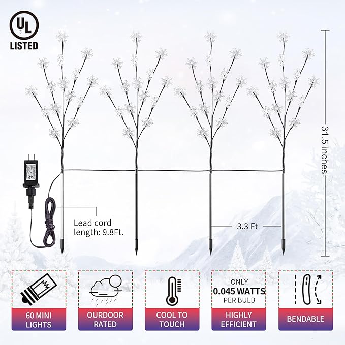 Outdoor Snowflake Lights, 4 Packs Driveway Christmas Lights, Outdoor Tree Christmas Decorations, Christmas Outdoor Decorations Yard, Multicolor