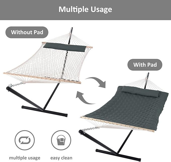 SUNCREAT Patio Portable Hammock with Stand, Outdoor Double Hammock with Stand Included, Gray Green Drops