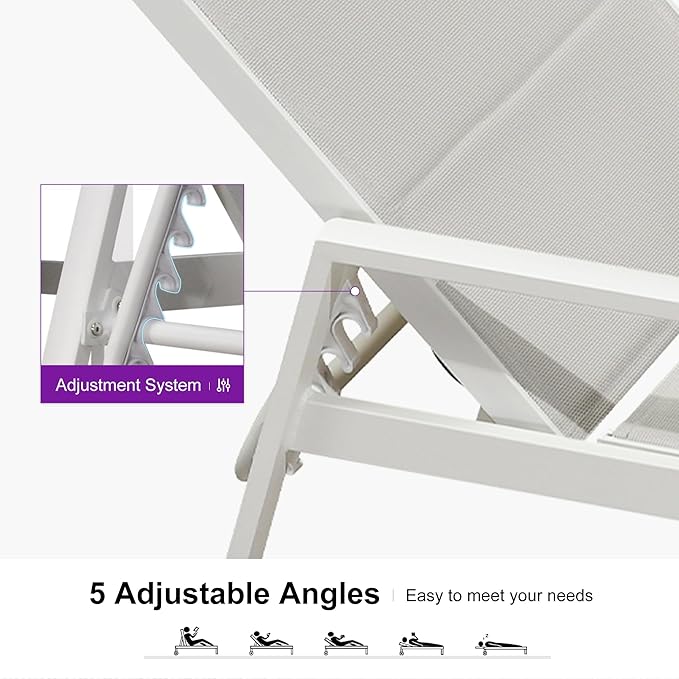 PURPLE LEAF Outdoor Chaise Lounge Adjustable Sunbathing Recliner with Armrest Cream 2 Sets