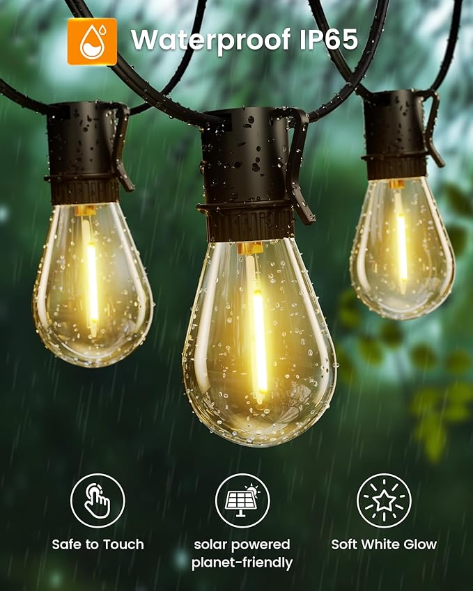 Solar Powered 150FT Outdoor String Lights 35+2 LED Bulbs Waterproof Shatterproof Remote Control Dimmable Extra Long Hanging Lights for Large Yard Deck Market Cafe Event Lighting