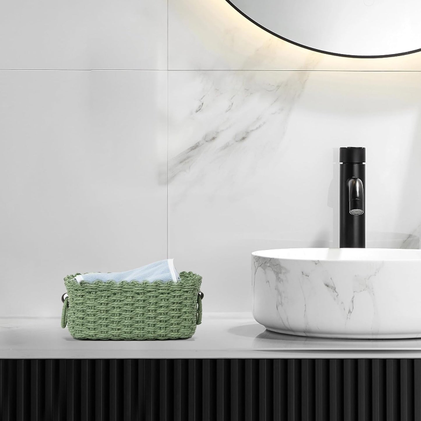 Small baskets for Organizing,Cute woven Storage basket with recycled paper rope for Shelves Bathroom,Little decorative basket,Set of 3 (Dark Green)