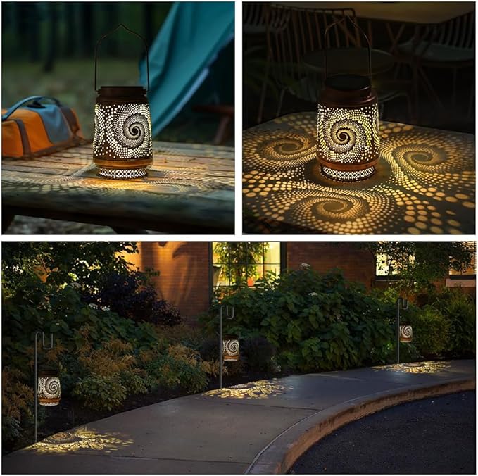 2 Pack Outdoor Hanging Solar Lanterns, LED Waterproof Lights Metal Decoration, Portable Lanterns for Garden Patio Yard Courtyard Backyard, Spiral Birthday Gifts for Women Men Halloween Christmas