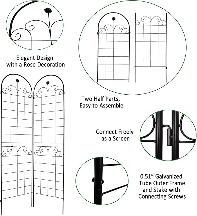 6 Pack Metal Garden Trellis 86.7" H Garden Fence Rustproof Trellis for Climbing Plants Support Roses Flower Outdoor Lawn Black