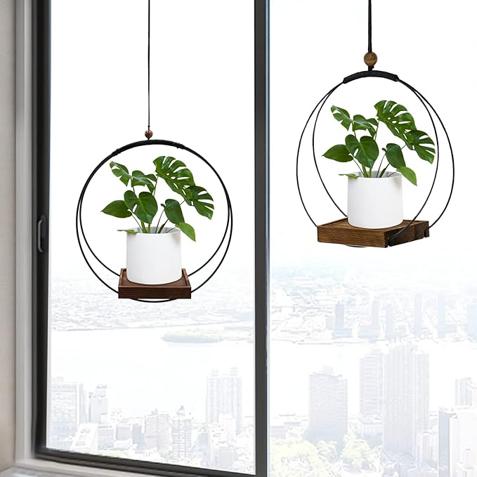 2 Pack Hanging Planters for Indoor Plants, Black Plant Hanger with Sturdy Wood Base, Modern Boho Macrame Hanger, Wall Ceiling Window Planters (Plants/Pots Not Included)