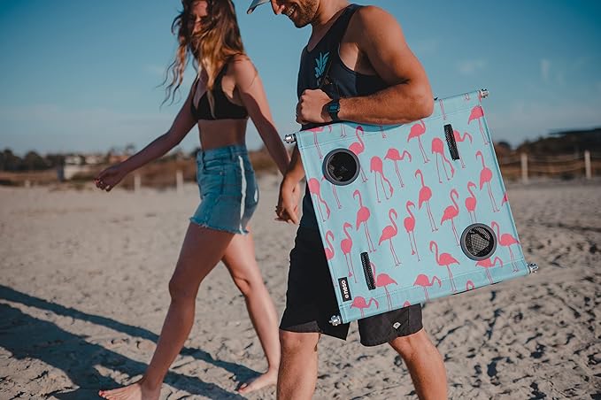 Neso Portable Beach Table with Cup Holders, Cell Phone Pockets, Lightweight for Picnics and Parks (Flamingos)