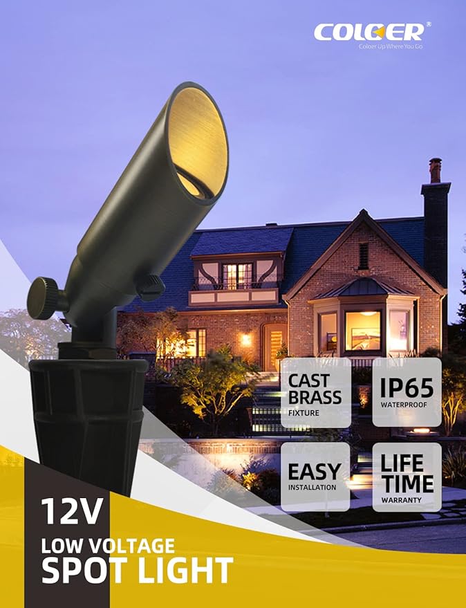 COLOER Mini Size Die-cast Brass Landscape SpotLights Outdoor,12Volt AC/DC Low Voltage LED Wired Landscape Lighting,IP65 Waterproof Outdoor Adjustable Yard Spot Light(104B,Bronze,6-Pack Without Bulb)