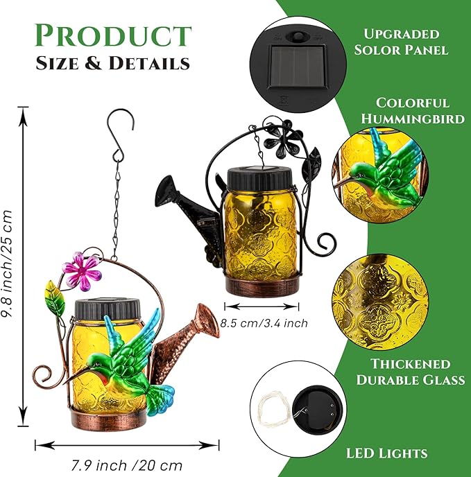 2 Pack Solar Lanterns Outdoor Waterproof Kettle Hanging Solar Lantern, Watering Jar Outdoor Solar Lanterns with Hummingbird Decor for Yard Garden Tree