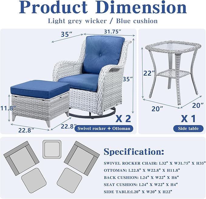 Outdoor Swivel Rocker Furniture 5 Pieces Patio Wicker Furniture Sets, Rattan Patio Swivel Glider Chairs with 2 Ottoman and Glass Side Table
