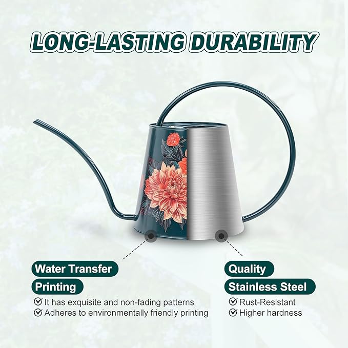 Berry&Bird House Plants Watering Can - Indoor & Outdoor 1/2 Gallon Stainless Steel Water Can with Long Spout Garden Decoration for Flower Bonsai Succulent Gardening Large Watwer Bottle(2L/68oz,Dahlia)