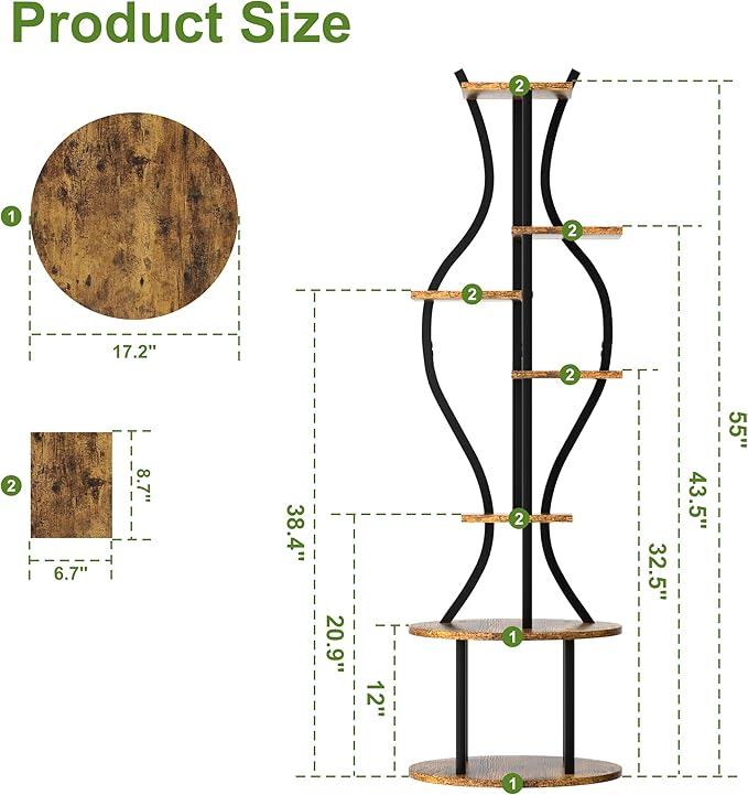 Plant Stand Indoor with Grow Lights, 7 Tier Tall Metal Plant Shelf for Multiple Plants, 55″ Lighted Plants Shelves Corner Flower Holder, Vase Shape Plant Display Rack for Home Living Room Patio